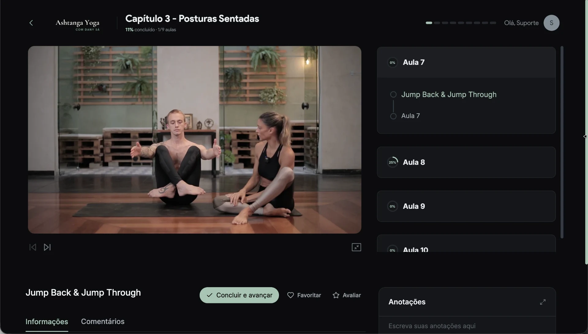 Aula Jump Back & Jump Through na plataforma, com o vídeo da postura, a lista das próximas aulas e o campo de anotações